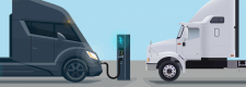 Electric truck at charging station and semi-truck